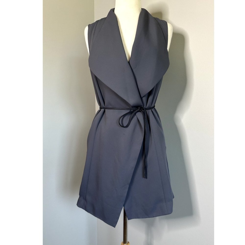 Vince Long Gray Lined Open Front Vest w Leather Belt